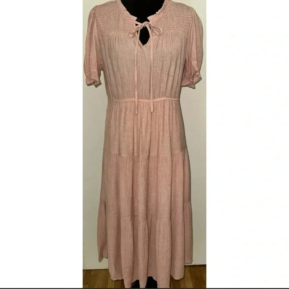 SWEET WANDERER Tiered Puff Sleeves Bohemian Midi Dress Size L